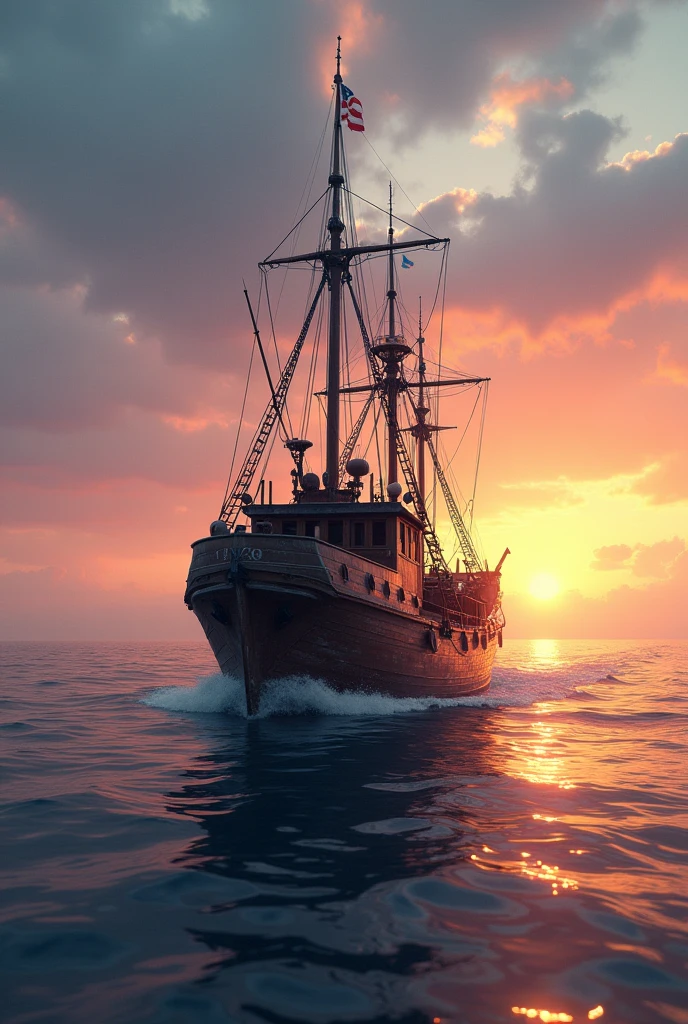 create a fishing vessel that bends the horizon where the sea and the sun meet at dawn 