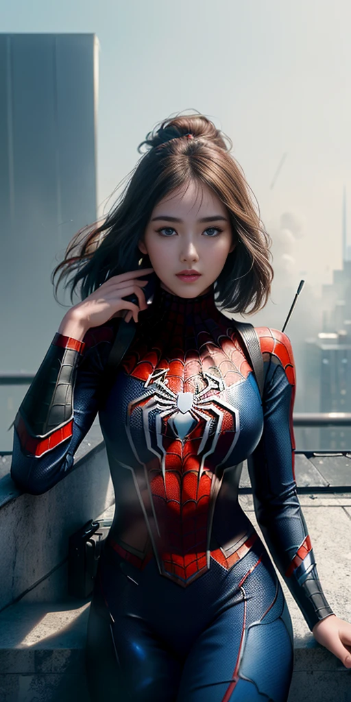 (1girl:1.3), Solo, (((Very detailed face)))), ((Very detailed eyes and face)))), Beautiful detail eyes, Body parts__, Official art, Unified 8k wallpaper, Super detailed, beautiful and beautiful, beautiful, masterpiece, best quality, original, masterpiece, super fine photo, best quality, super high resolution, realistic realism, sunlight, full body portrait, amazing beauty, dynamic pose, delicate face, vibrant eyes, (from the front), She wears Spider-Man suit, red and black color scheme, spider, very detailed city roof background, rooftop, overlooking the city, detailed face, detailed complex busy background, messy, gorgeous, milky white, highly detailed skin, realistic skin details, visible pores, clear focus, volumetric fog, 8k uhd, DSLR, high quality, film grain, fair skin, photo realism, lomography, futuristic dystopian megalopolis, translucent