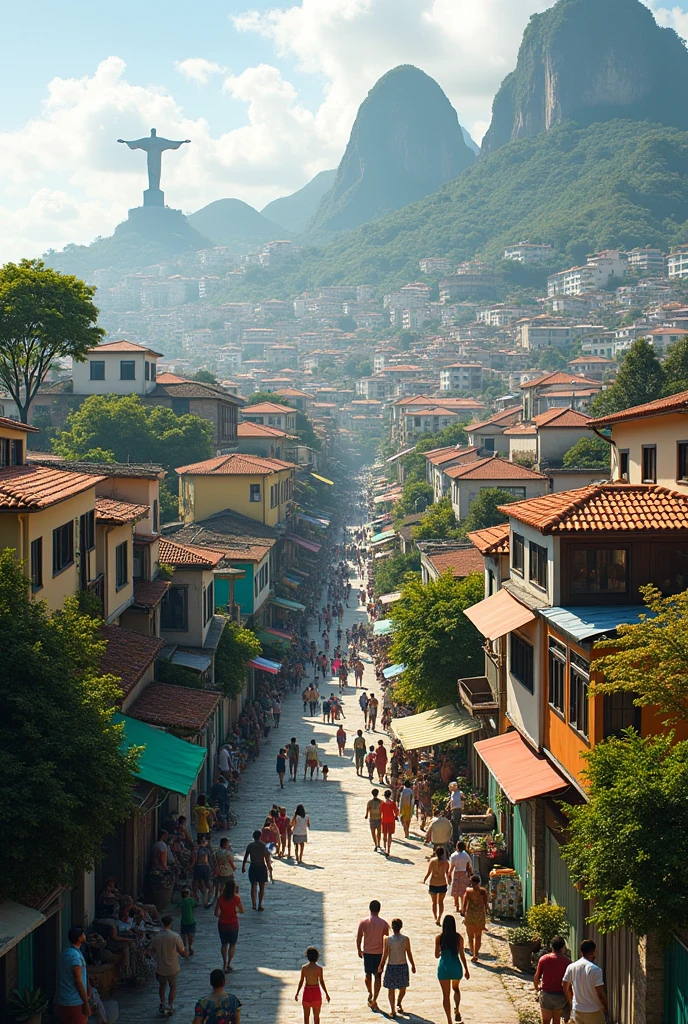 Draw a scenario where Rio de Janeiro, Brazil, eliminated the favelas., through better land use in the city and the gentle densification of the population. Show city above