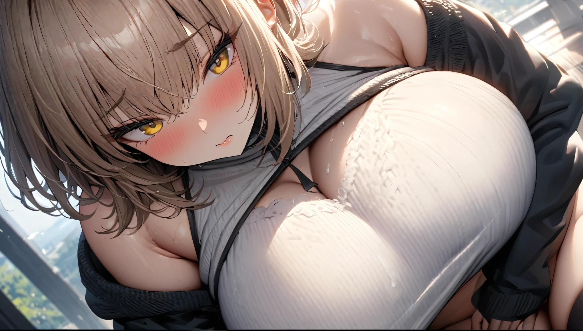 Highest quality、Best image quality、masterpiece、Highest quality, Very detailed,,One person, alone, At Nikkean, anise,short_hair,とてもbig_chest, light brown_hair, hair_ornament, chestの谷間,full_body, yellow_eye, black_Knee socks,knit,Cream_knit,Moe sleeves.Off the shoulder,Off the shoulderknit,とてもbig_Thighs,Big Breasts, sunlight,Huge_chest, Face close-up,Huge_chest,big_chest,