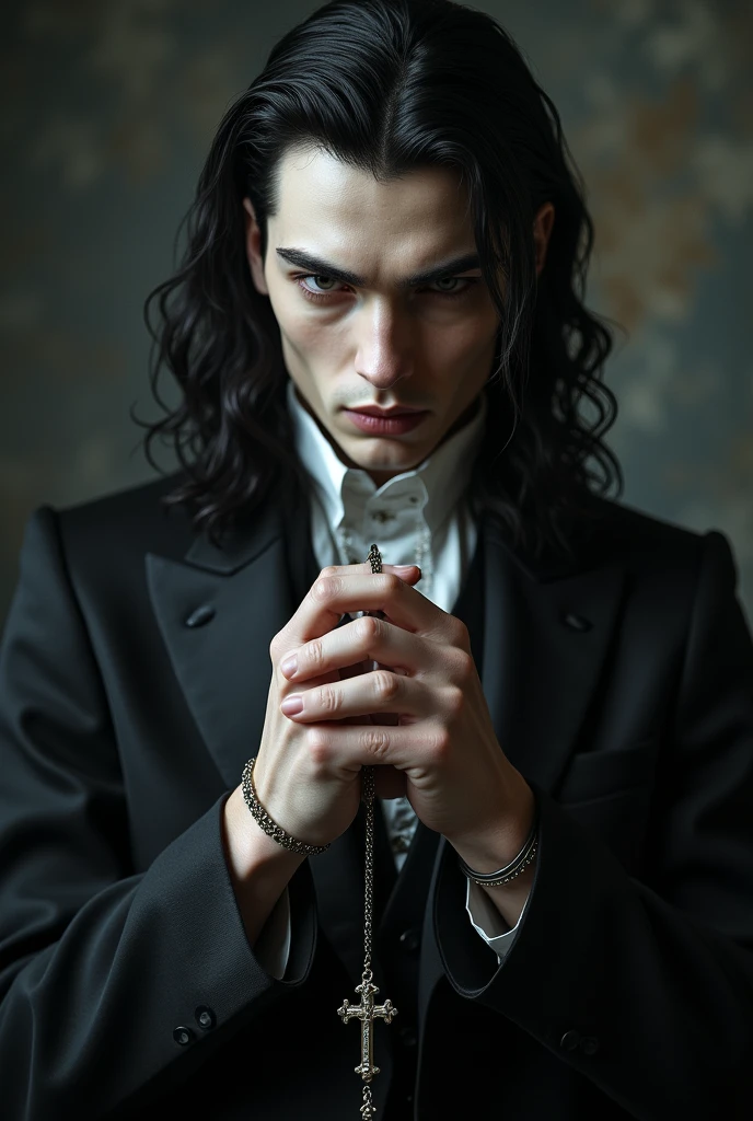 PhotoRealism, A handsome vampire holding a rosary, perfect jawline, chinese Ji li a celebrity looking