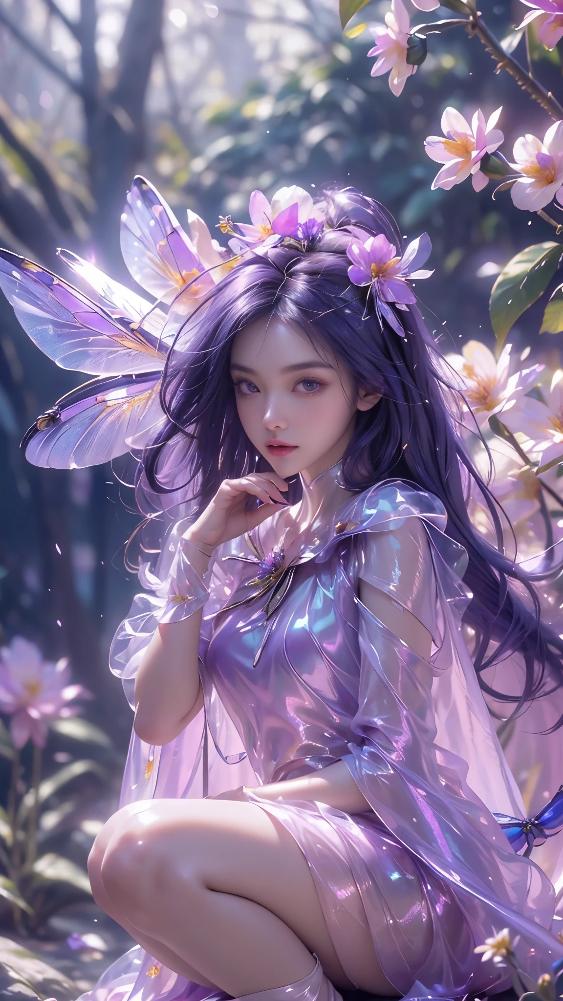 8k, masterpiece, 1 girl, beautiful face, very long hair, light makeup, (glossy skin:1.5), detailed eyes, detailed lips, small bust, short clothing, dragonfly, ((purple dragonfly clothing)), ((flowing cape)), light clothing, (flower falling:1.5), god rays, depth of field, ray tracing,