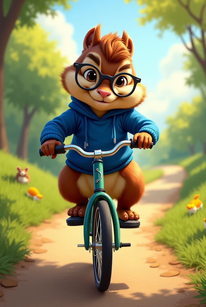 Simon from Alvin and the Chipmunks riding a bike for a cover