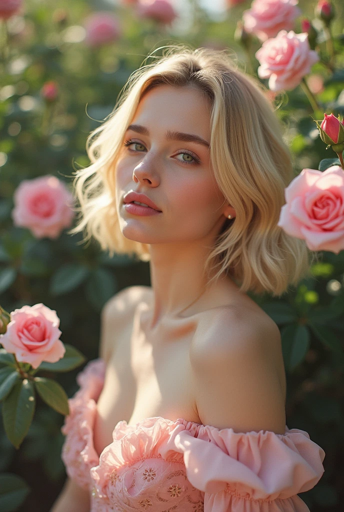 8K, RAW photos, Fujifilm, Fashion photo of a beautiful young woman Avril Lavigne in a light pink rose garden (Highly refined skin: 1.2) Style - Petal BREAK Short Hair, Blonde, Wearing a dress, Film granulation, 35 mm, Cute style