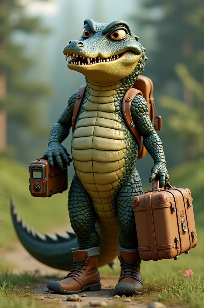 3D crocodile with suitcase and field boots and a GPS in his hand