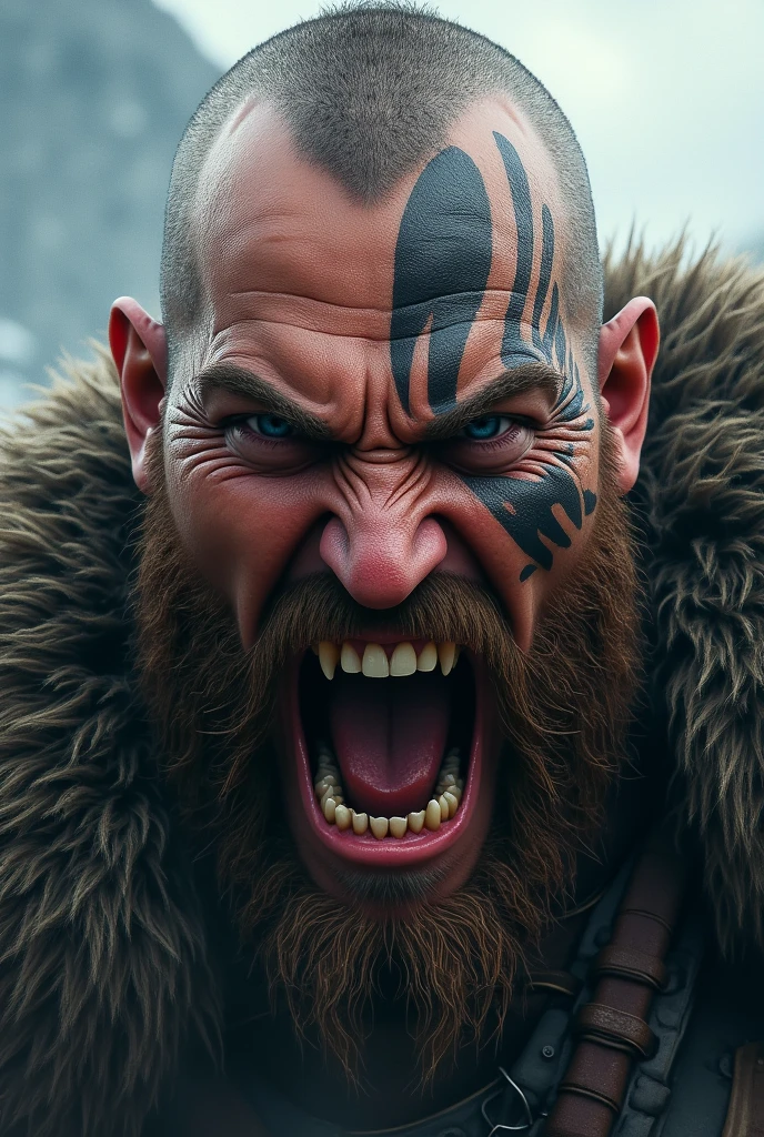 Realistic Viking screaming with teeth bared with a Norse tattoo around his eye 