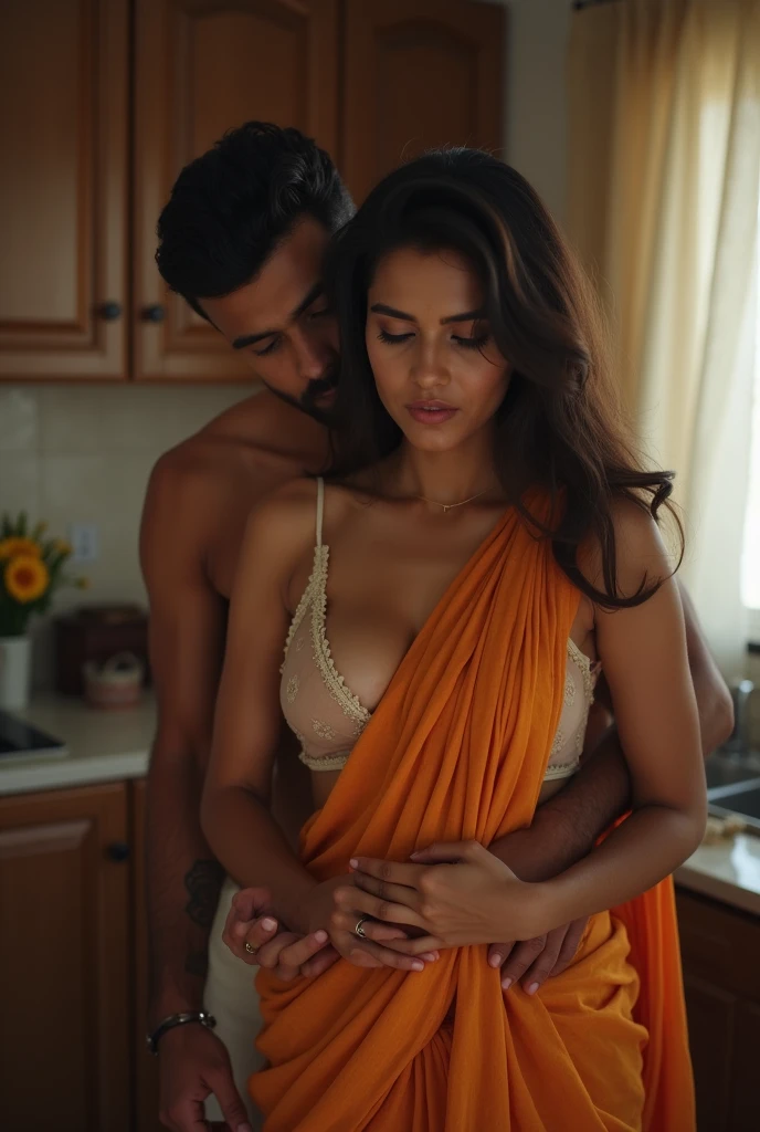 indian wife and young man having an erotic romantic sex, in their home, in the morning, in the kitchen, man behind woman, woman wearing deep neck plain color flowy sari, sari falls off shoulder revealing thin strap transparent choli and nipples, man grabbing breast from behind, nsfw, detailed home