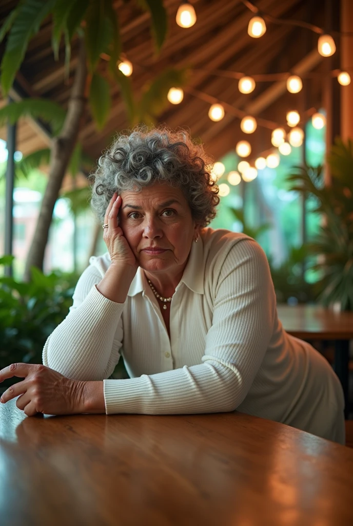 action photography of a beefy old woman as a ((character from star wars)) with ((curly hair)) wearing (retro 90s clothes),dressed in White long-sleeve top,ribbed texture,outdoor cafe,green plants,tropical setting,leaning forwards,hand on head,facing camera,centered subject,low camera angle,studio lighting,on a beach where the sand is made of tiny glowing stars,studio lighting with strong rim light,sharp focus,glow effect,(solo focus,one frame),(from above:1.3),shot on Panasonic Lumix GH5 with Leica DG 25mm f-1.4,photo by Petra Collins