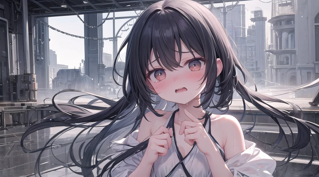 ((((Highest quality)))), (((masterpiece))), ((detailed)), (((solo))), (One shot of a tall adult woman), ((((A fantastical space characterized by pale colors))))), Sitting on the floor,((((( Blushing cheeks and embarrassed expression))))), Wear an off-the-shoulder shirt, Beautiful Eyes, Beautiful whites of eyes, Very wet skin, ((Wet mouth)), Wet clothes, ((((Open your mouth)))), Face down, Top view, Thin legs, Glossy white skin,Small breasts, Black Hair, (Laugh out loud 0,03), Coming soon