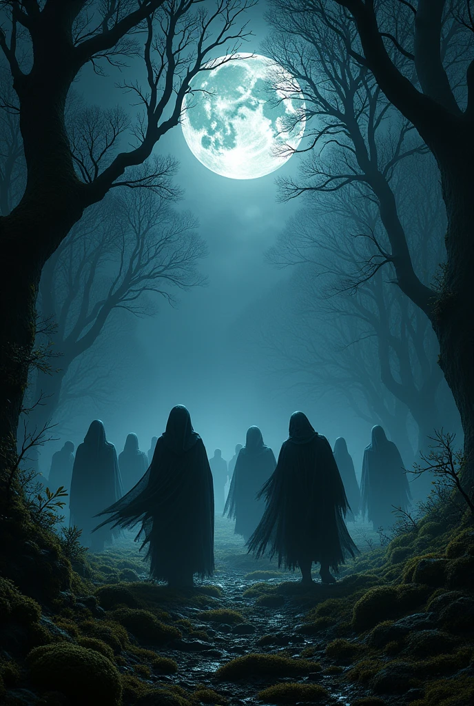 Can you create a photo of a forest for me?, It's night, the full moon is visible, The trees are tall and big, There are men and women, The women are dressed in black cloaks, These are dancing, and the men are hidden among the trees, They are afraid of women because they don't know that they know them and that the image is horizontal.