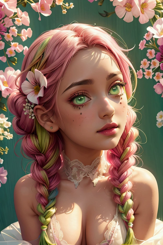 Convert your flower art into illustration.、Create backgrounds with vibrant colors and unique touches The type of flower is statice、Gypsophila、sweet pea、Mix in some lace flowers, big breasts, cleavage, pink hair, green eyes, (green highlights), green braids, standing, contrapposto, sexy pose, thick thighs, thigh highs, lingerie, arms resting behind,