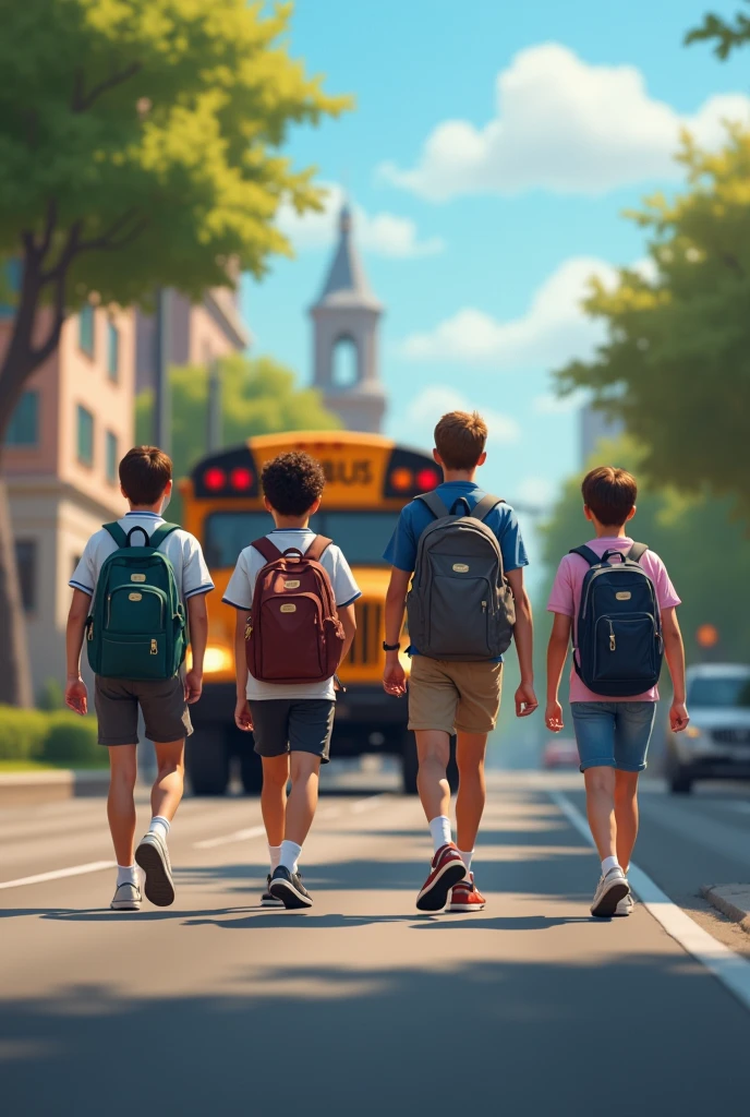 Next day the bus arrived. And stop. But they didnot get in. And bus went. They started walk to school oneby one on a line. Went bus also on frame. Bus on same direction they walk. Generate ai pic show opposite direction. Pls change to same direction