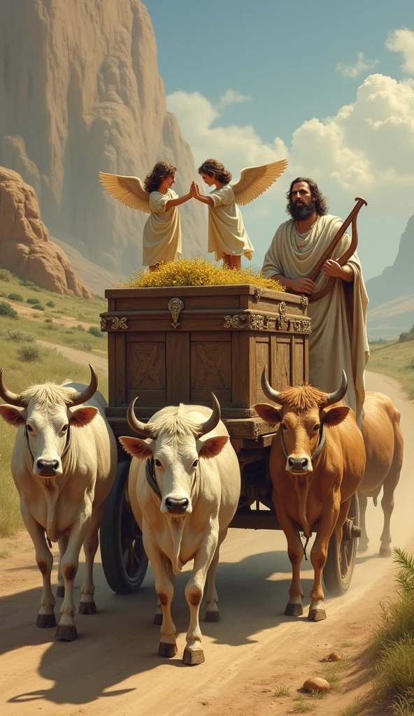 The Ark of the Covenant with two images of small angels, facing each other with their wings open, on top of the ox cart, 4 oxen in front and King Solomon playing the harp further ahead, happy in life, on the dirt road.