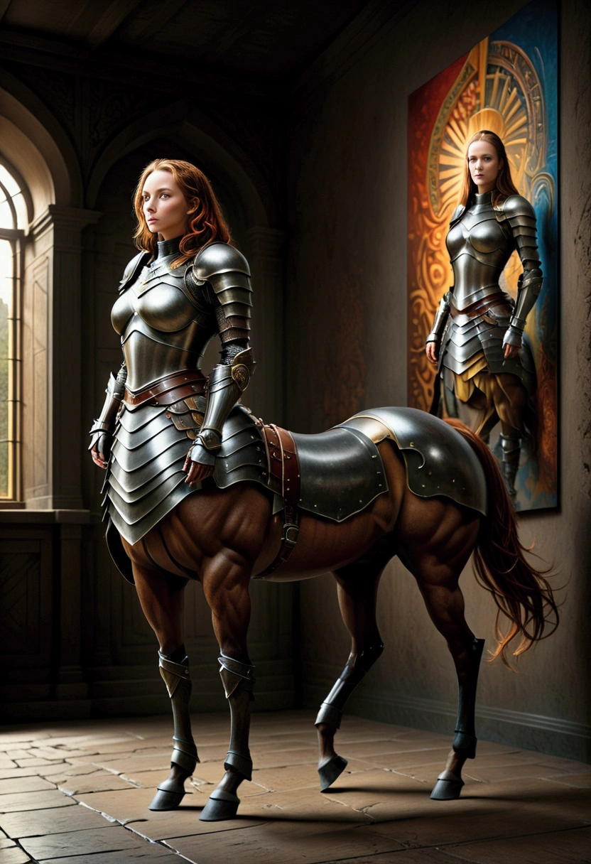 a Centaur, Armor, A painting on the wall. Beautiful cinematic lighting, surreal, color graded, dynamic movement, captivating chiaroscuro, full body, award-winning, cinematic still, emotional, vignette, dynamic, vivid, (masterpiece, best quality, photorealistic, Professional, perfect composition, very aesthetic, absurdres, ultra-detailed, intricate details:1.3)