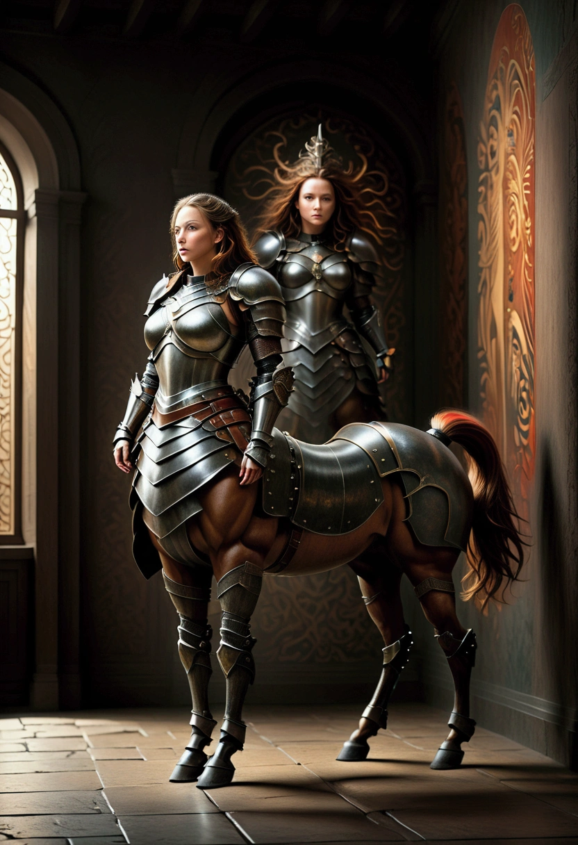 a Centaur, Armor, A painting on the wall. Beautiful cinematic lighting, surreal, color graded, dynamic movement, captivating chiaroscuro, full body, award-winning, cinematic still, emotional, vignette, dynamic, vivid, (masterpiece, best quality, photorealistic, Professional, perfect composition, very aesthetic, absurdres, ultra-detailed, intricate details:1.3)