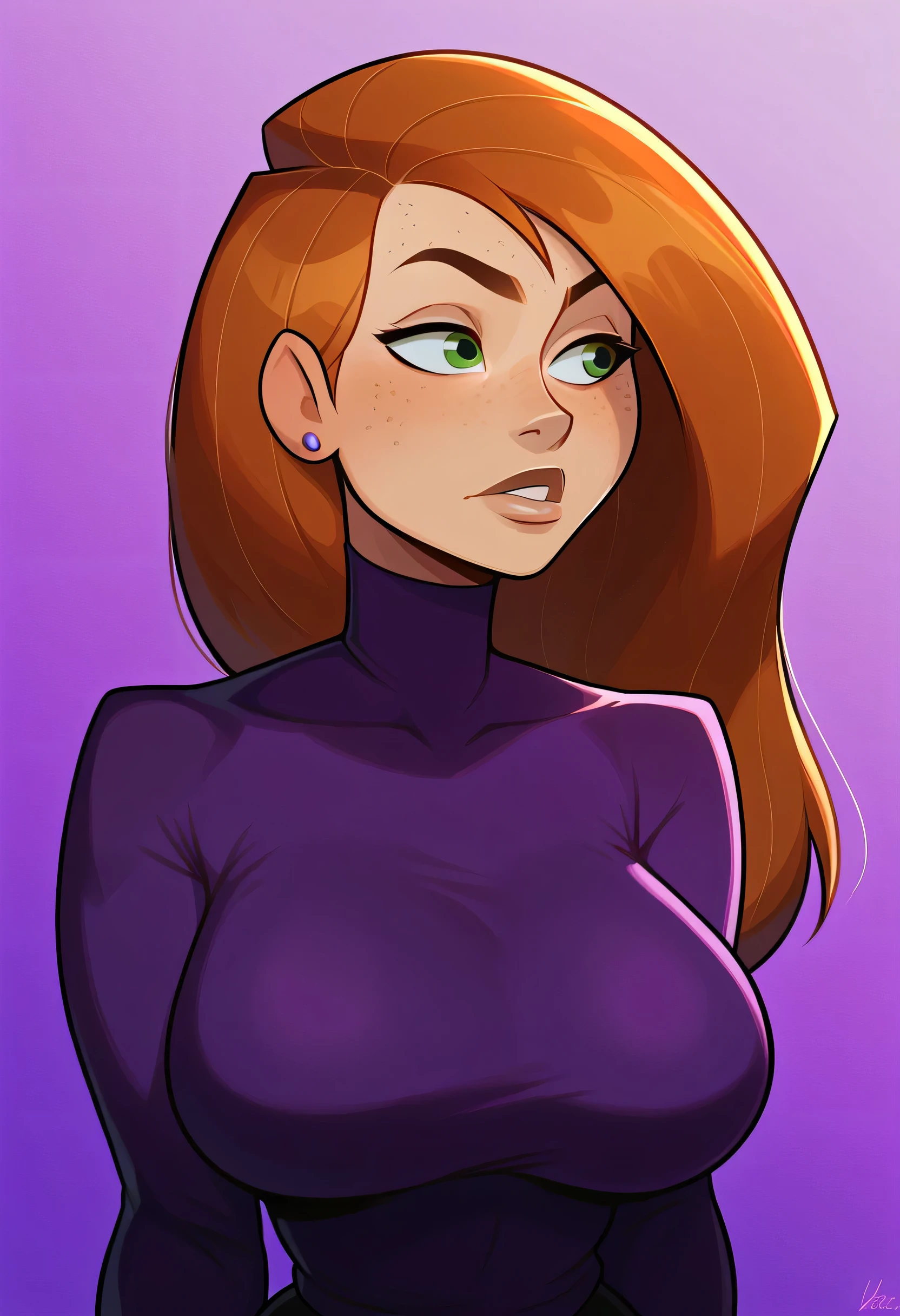 score_9, score_7_up, 1girl, solo, kim possible, portrait, turtleneck sweater, purple background, gradient background, freckles, large breasts, looking to the viewer,