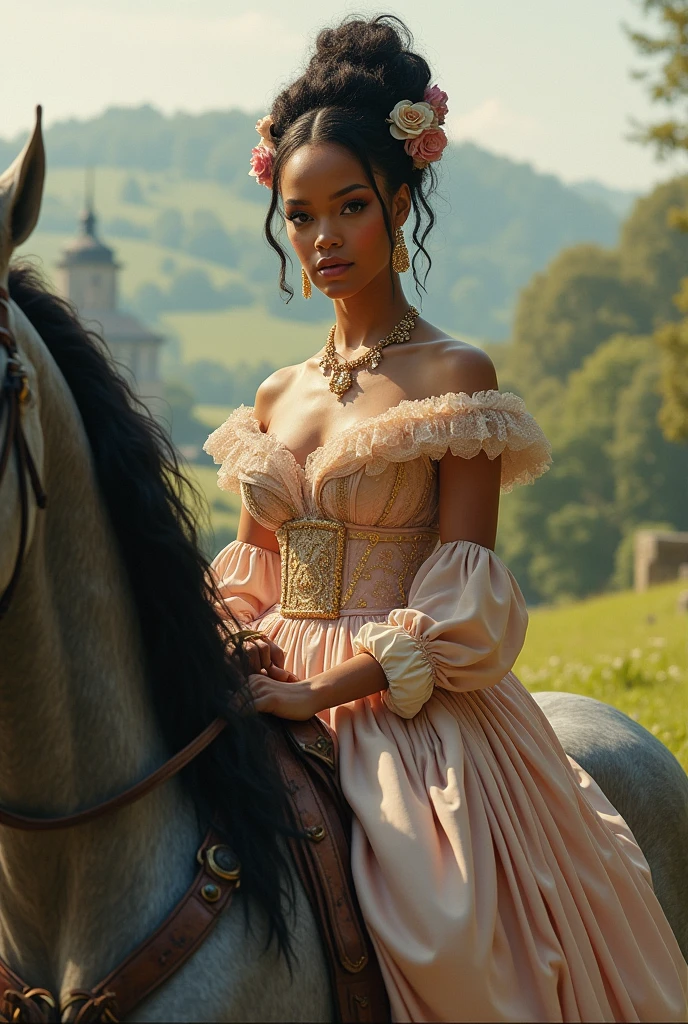 Rihanna as Duchess of "Bridgerton" riding a grey-coated Frizon horse