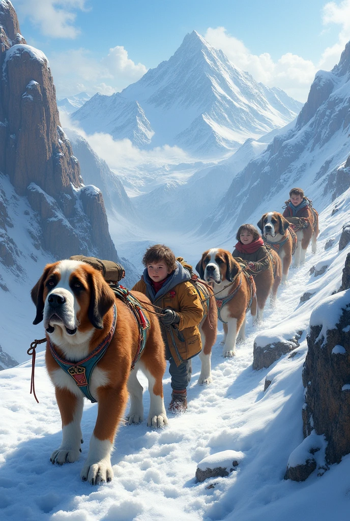 Generate a picture of a St. Bernard team with some kids climbing a snowy peak