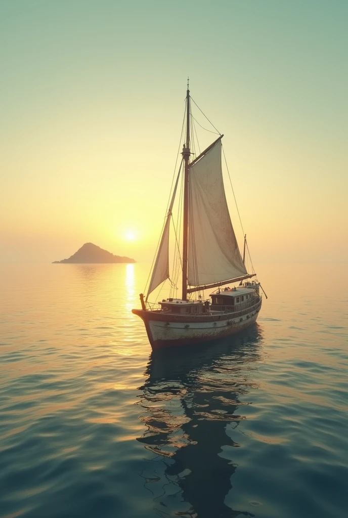 create a fishing vessel bend the horizon where the sea and the sun meet at dawn towards an island