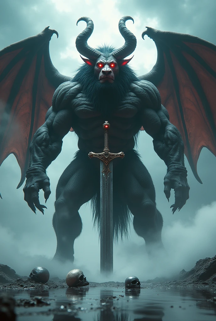 a very tall demon with a lion&#39;s head and goat&#39;s horns and bat&#39;s wings standing straight in a two-footed human pose, stern expression, confident pose, eerie glowing red eyes, tenebrosa fur, Crowbars, heavenly, muscular frame, a large sword stuck in the ground in front of him, detailed facial features, highy detailed, photorrealistic, light andshade contrast, dramatic lighting, fancy, surreal, tenebrosa, temperamental, thunder sky background, white fog in the foreground, reflection of water on the floor, skulls on the floor naked with his hard cock exposed