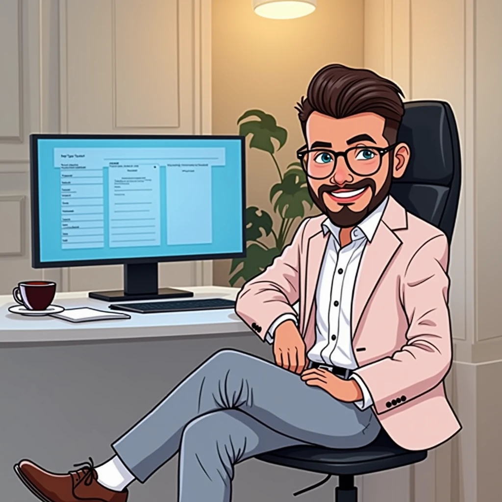 A 2 smart boy, sitting on a chair beside a table with a coffee cup, using eye glass, short stylish hair, stress beard, wearing suit, pant, shoe front face with a sweet smile, stylish sitting position,