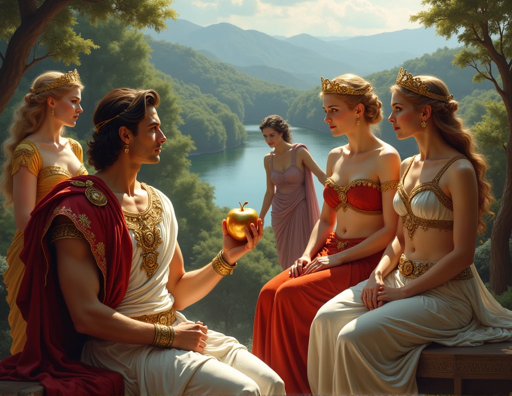 Prince Paris of Troy, dressed in his royal attire, sitting with the golden apple in his hand, watching the goddess Hera, the goddess Aphrodite and the goddess Athena, The three of them dressed in party attire and with great beauty, while the goddess Eris watches the scene behind Paris.