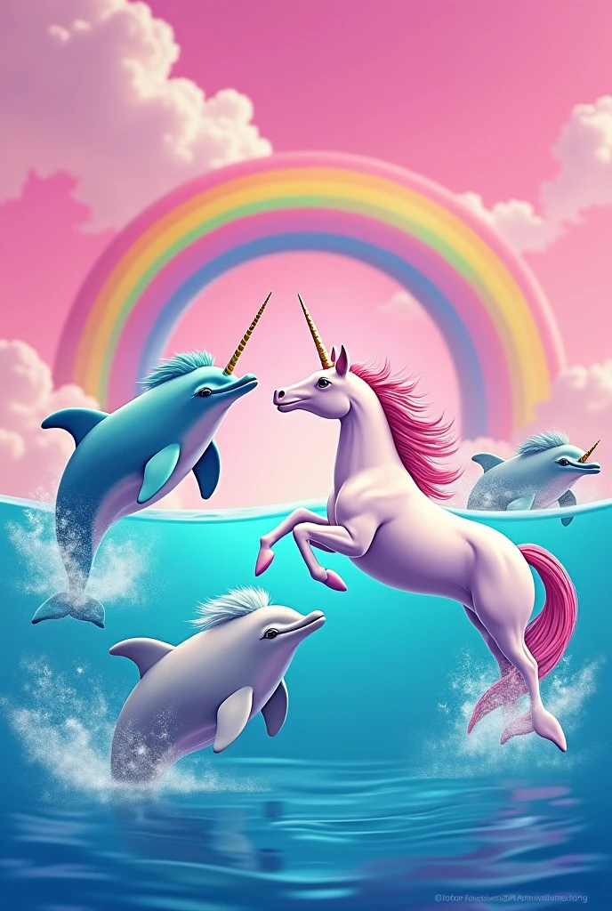 An image of dolphins with a pink background and some rainbows, bright colors ,accompanied by a unicorn jumping in the sea, everyone must have a big mane. There must be more than 2 dolphins with a classic men's hairstyle and they must all be the same size.