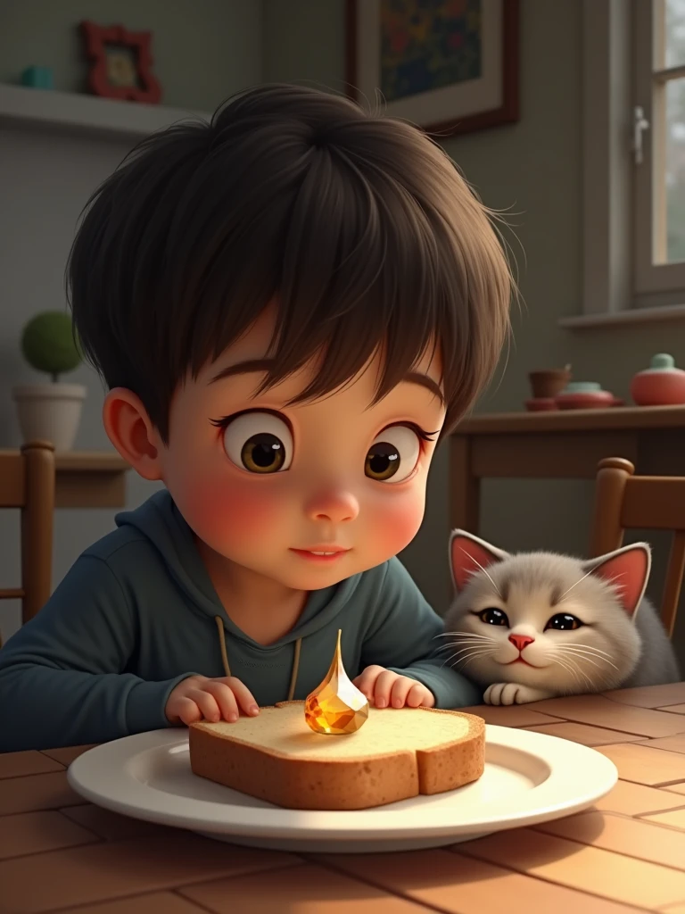 a boy looking to a plate on a table; on this plate there is a bread with gem; there is a cat sleeping on the floor behind this boy