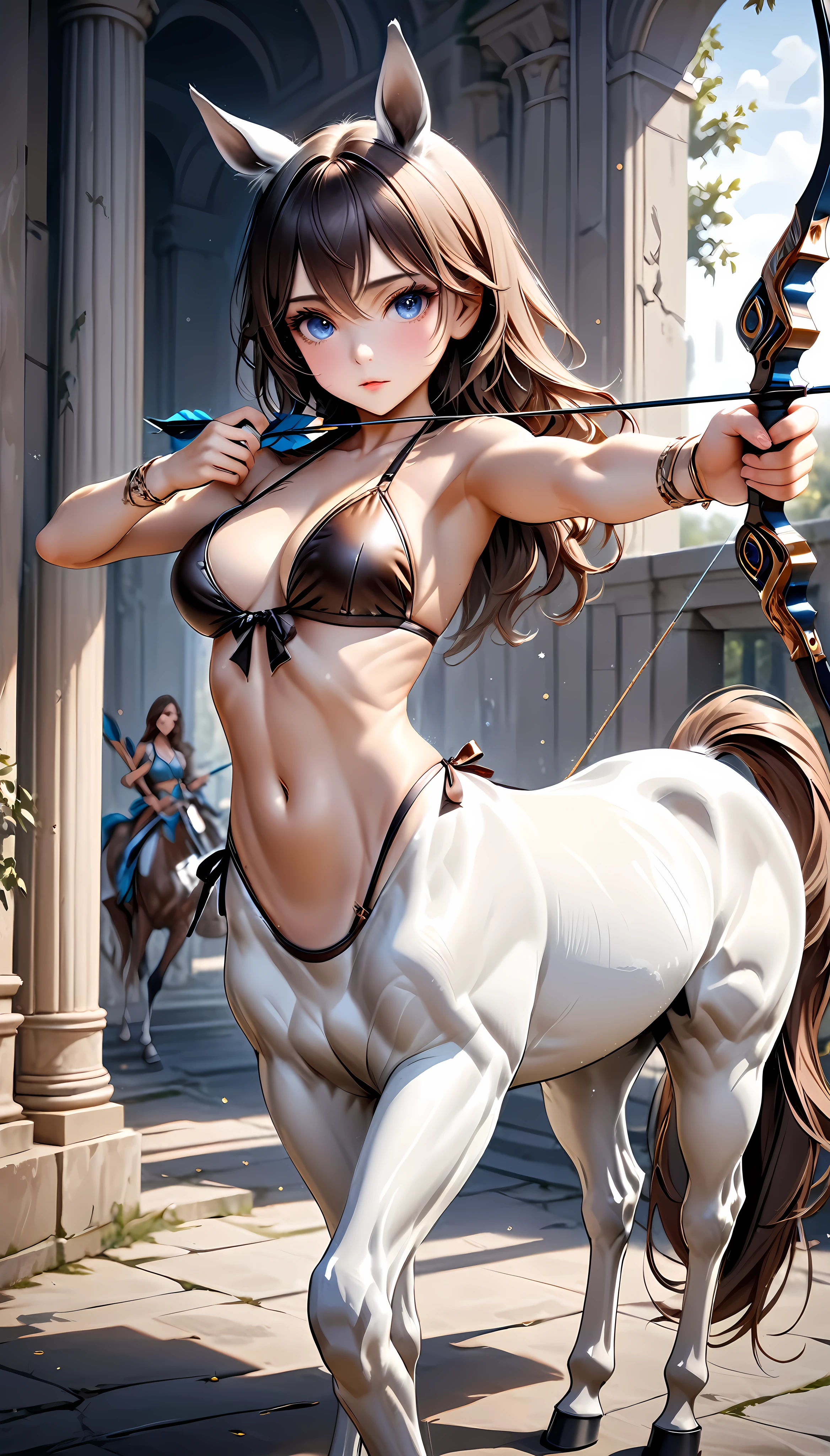 (masterpiece, Highest quality:1.2), One person, One personで, Centaurs in Greek mythology, Absurd imaginary creatures, A seamless blend of bikini girl and aesthetic white horse, Faded dark brown realistic leather bikini, [Detailed and antique look Cute horse ears, Short abdomen, Terrifyingly beautiful eyes, Flexible and precise bow and arrow], Aesthetic horse legs, Fine-grained, Spray Work, Professional quality, Soft Focus, Ultra HD, Highest Resolution, ARW, Aiming a Bow