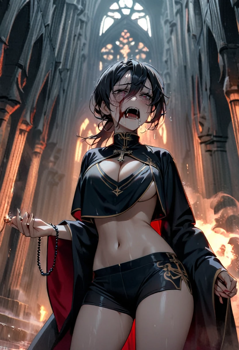 (Woman: 2), standing outside massive gothic cathedral, raining, dark stormy night, wearing ornate male catholic priest robes, robes open, booty shorts, crop top, under boob cleavage, holding rosary, rosary burning her hand, smoke coming off hand, mouth open in a painful scream, vampire fangs, look of pain and regret on face, cross burns skin, skin smoking, crying blood,