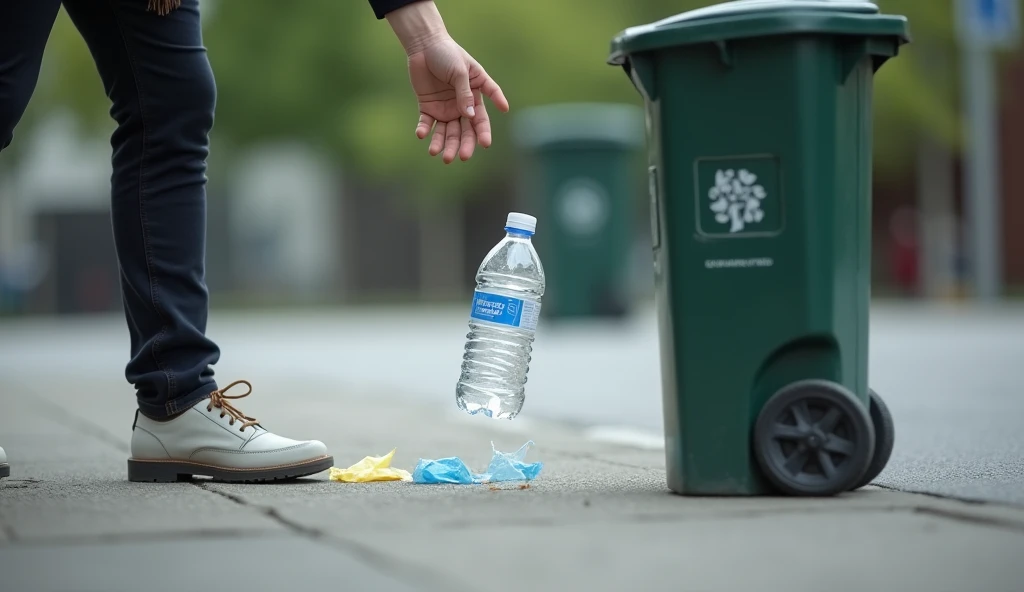 A person throws a single small bottle of water on the ground and next to it there is a trash can.
