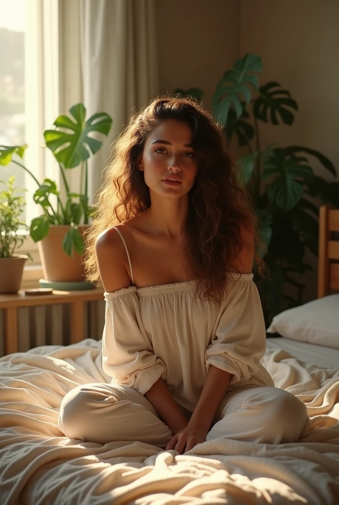 (photorealism:1.2), beautiful woman, sitting on bed, wearing loose off-shoulder top, pajama pants, long curly hair, indoors, soft lighting, plants in background, window with sunlight, cozy room, relaxed pose, realistic, intricate details, warm colors, by Greg Rutkowski, by Alphonse Mucha