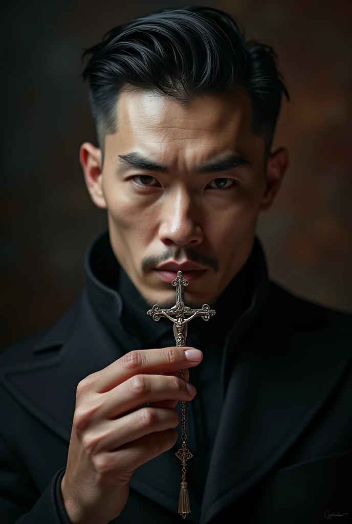 PhotoRealism, A  handsome vampire holding a rosary, perfect jawline, chinese celebrity looking