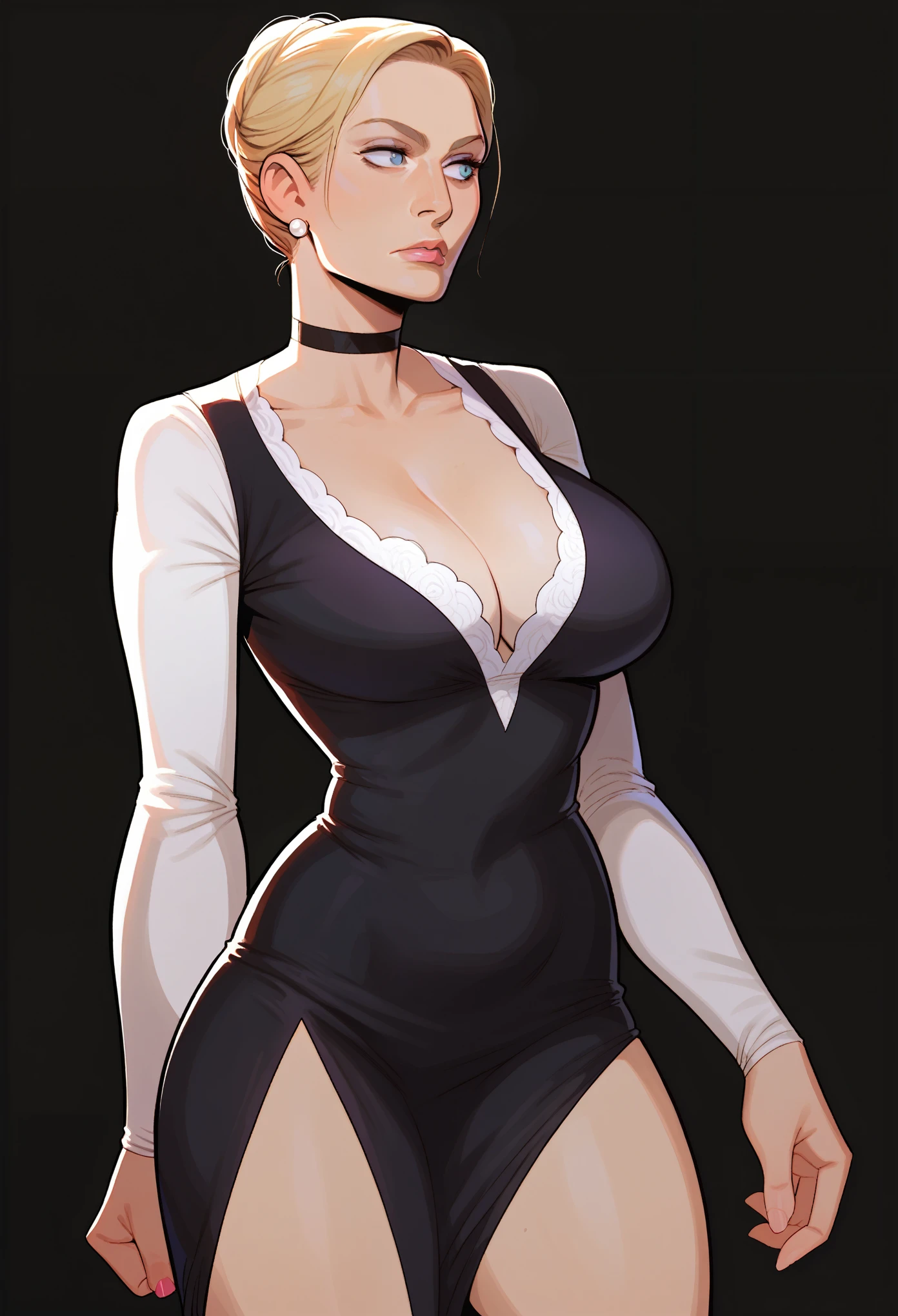 score_9, score_7_up 1girl, solo, nina williams, dress, cleavage, taut clothes, breasts, curvy, thighs, black background, black choker, looking to the side