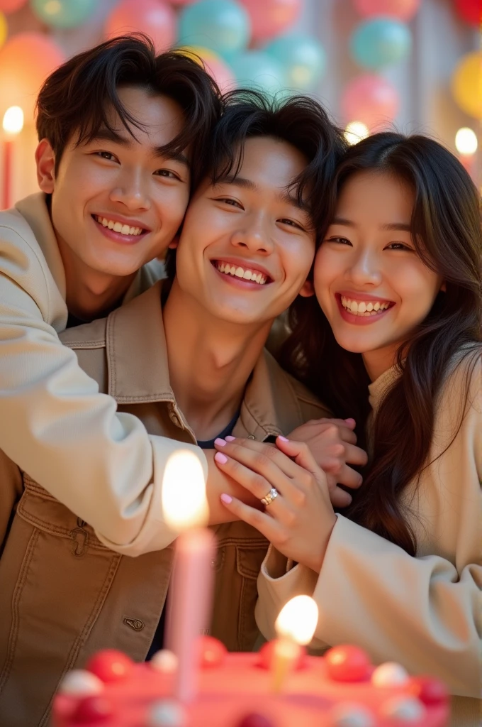 A photo where SHINee's Choi MinHo is hugging, Lee TaeMin of SHINee and Nayeon of Twice, celebrating a birthday