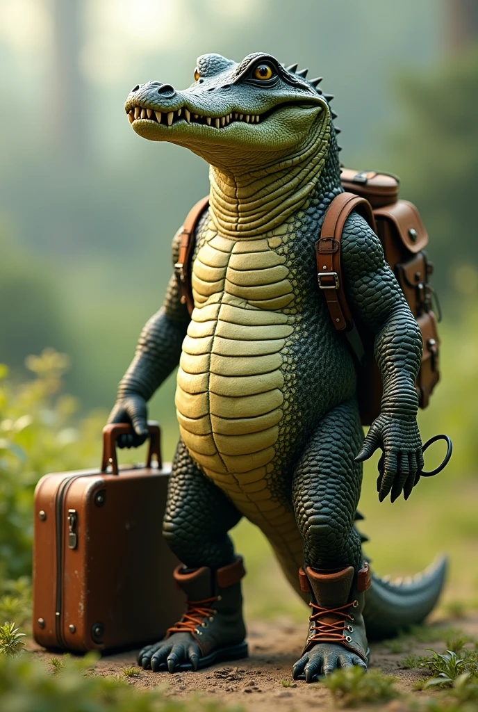 3D crocodile with suitcase and field boots and a GPS in his hand