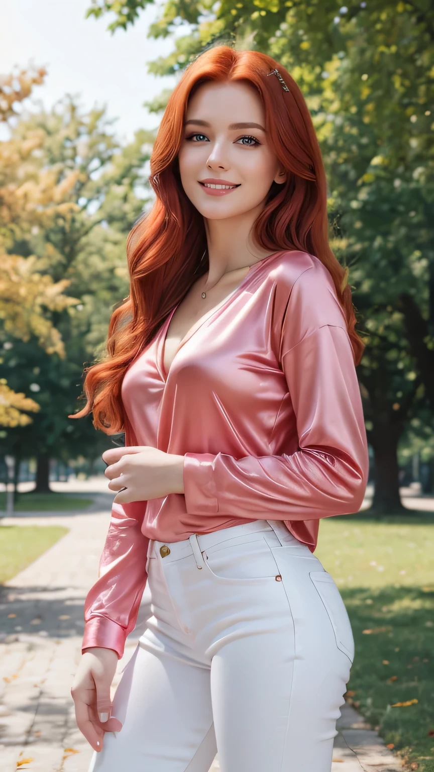Realistic full body photo of a smiling, beautiful red-haired woman with long hair, She dances in front of the camera in a long pink satin shirt and tight, elegant white tight jeans ...., fine fabrics, Park,glamour fotoshooting, Park, perfect anatomy, perfect green eyes. Perfect hands with 5 fingers on each hand, Suitable woman, looking at the camera, 1 Frau. (Eye make up:1.1), (highly detailed skin:1.1), spirit, analog style, keen focus, 8K UHD, dslr, good quality, Fujifilm XT3, Grain, Award-winning, masterpiece. Park