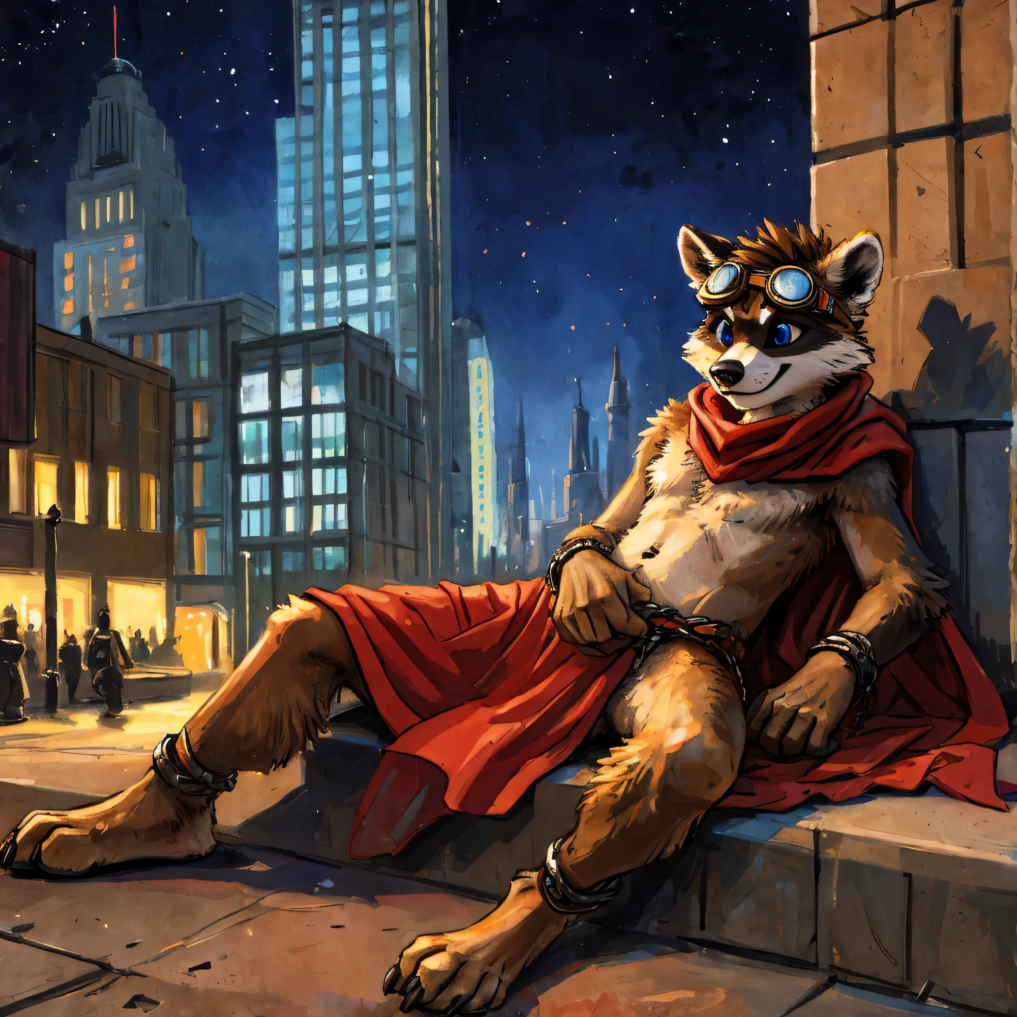 no lighting, deep shadow, masterpiece, high quality, hi res, solo, young Furry, furry, young, raccoon, spiked brown hair only on head, red scarf, blue eyes, goggles, chain harness, red loincloth, red cape, masterpiece, detail body, detailed eyes, fur all over body, detailed face, detailed eyes, detailed hands, Skinny, claws, high resolution, metal cuffs on wrists, metal cuffs on ankles, no shirt, no underwear,city, night, laying on stomach, flirting, art by kenket