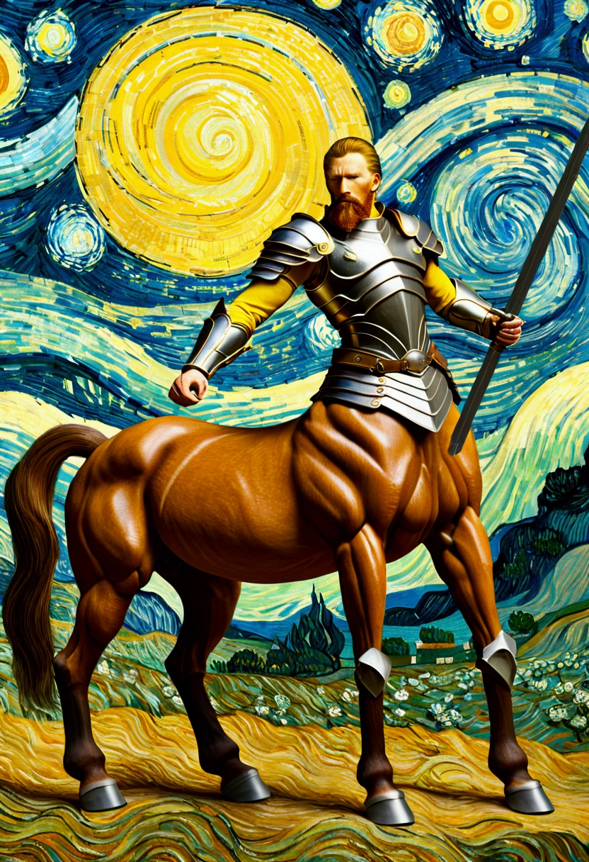 a legend Centaur, Centaur-type warrior, Armor, Battle Stance, by van gogh, (best quality, masterpiece, photorealistic), very aesthetic, perfect composition, intricate details, ultra-detailed, vivid colors