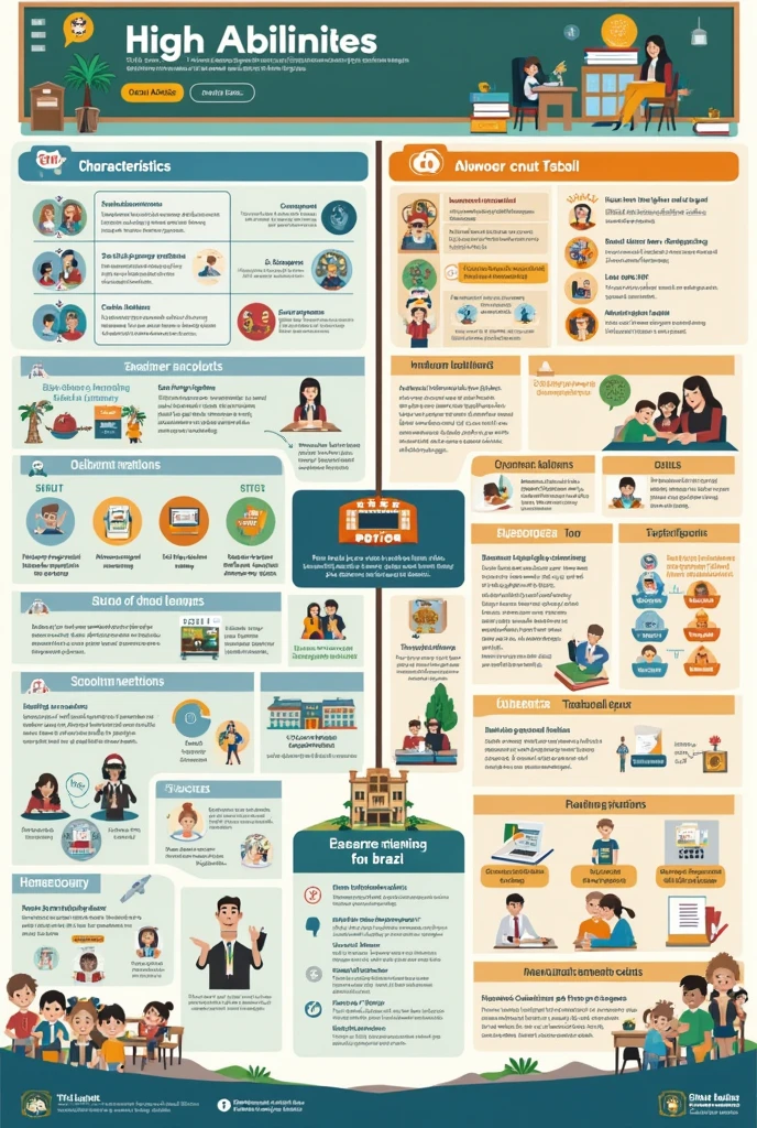 Organizational chart on high abilities, Characteristics, how to identify, school concern, teachers challenge, how to diagnose, guidance for family members, institutions that serve in Brazil, LDB