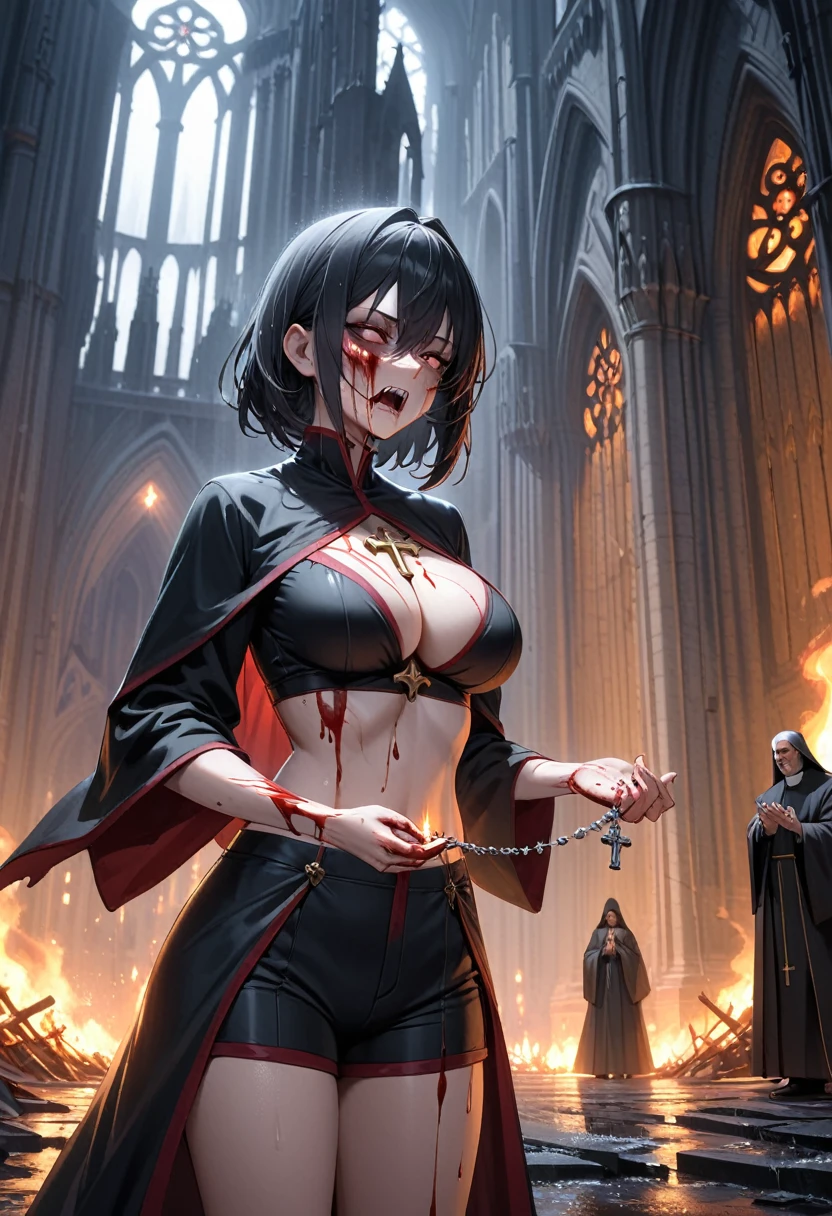 (Woman: 2), standing outside massive gothic cathedral, raining, dark stormy night, wearing ornate male catholic priest robes, robes open, booty shorts, crop top, under boob cleavage, holding rosary, rosary burning her hand, smoke coming off hand, mouth open in a painful scream, vampire fangs, look of pain and regret on face, cross burns skin, skin smoking, crying blood,