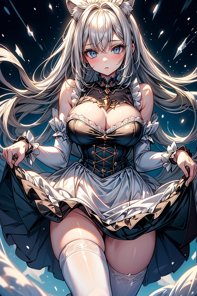highest quality, ultra high resolution, super detailed, gorgeous, masterpiece, best quality, high resolution finely detailed, extremely beautiful, distinct image, hourglass figure, 1 girl, 2, soft and beautiful facial features, symmetrical face, piercing blue eyes, innocent doe shaped eyes, DD-cup breasts, tall height(185cm), slim and slender curvy body, athletic and flexible physiques, flowing snow-white hair, narrow waist, long legs, modern times background, snow-white skin, hip-level shot, snow-white feline tiger ears, white striped tiger tail protruding out her back, simple Maid Uniform