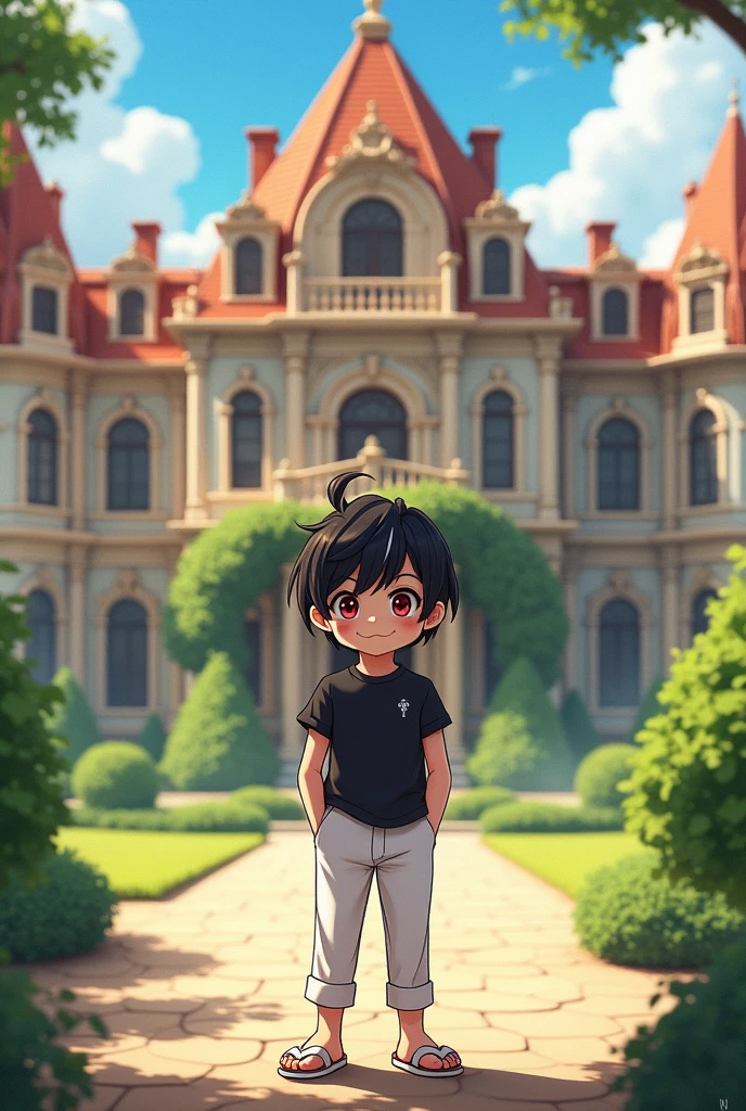 1 small ,childShort black hair with a small white stripe in the middle,Red eyes, black shirt, white pants, white flip-flops, hands in pants pockets, mansion background 