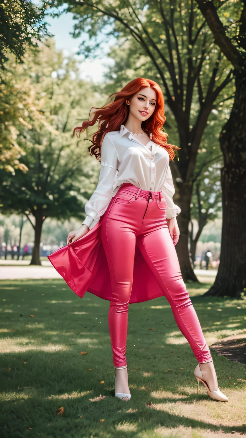 Realistic full body photo of a smiling, beautiful red-haired woman with long hair, She dances in front of the camera in a long pink satin shirt and tight, elegant white tight jeans ...., fine fabrics, Park,glamour fotoshooting, Park, perfect anatomy, perfect green eyes. Perfect hands with 5 fingers on each hand, Suitable woman, looking at the camera, 1 Frau. (Eye make up:1.1), (highly detailed skin:1.1), spirit, analog style, keen focus, 8K  UHD, dslr, good quality, Fujifilm XT3, Grain, Award-winning, ​masterpiece. Park