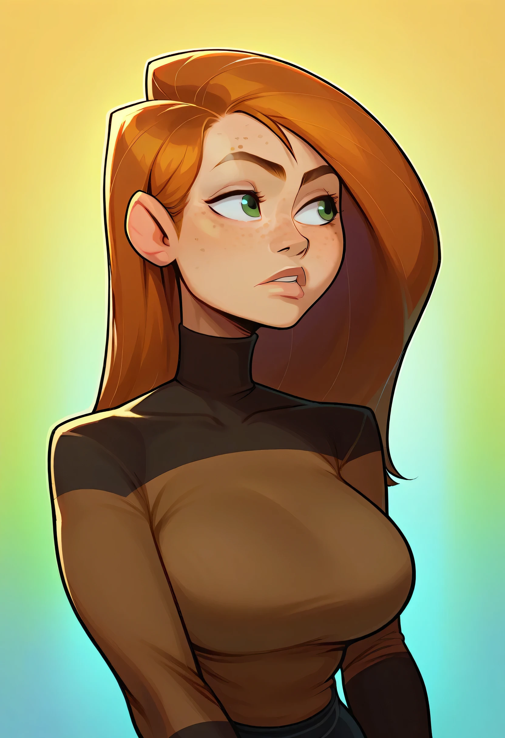 score_9, score_7_up, 1girl, solo, kim possible, portrait, turtleneck sweater, colorful background, gradient background, freckles, large breasts, (((looking to the viewer))), looking the camera, photoshoot, highres, bashful kinky look