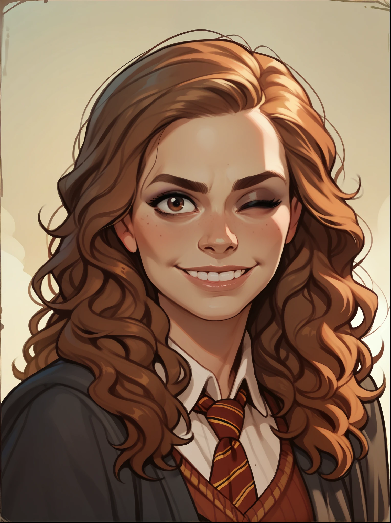 score_9, score_8_up,score_7_up, score_6_up, score_5_up, score_4_up, woman, best quality, highres, portrait, solo, beautiful, long red hair, brown eyes, makeup, lips, hermione granger, wink, smile