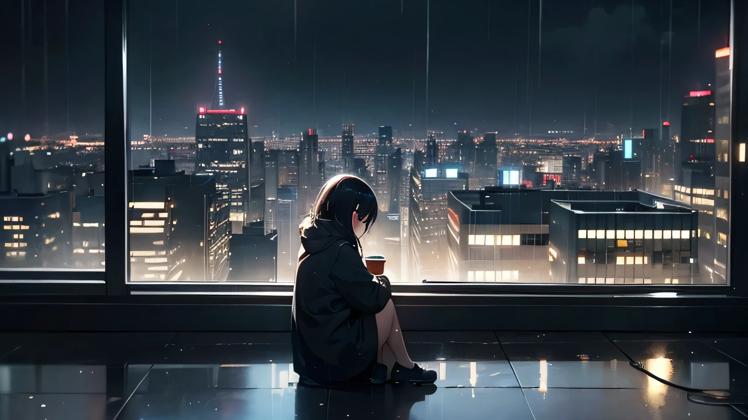 Against the backdrop of the cityscape at night、Depicts a person sitting quietly alone by a window in a cafe。The warm light shines on the cold night outside、The rain continues to fall outside the window、I see blurry street lights and reflective puddles。The overall color scheme is soft and calming、Relaxed and melancholic image