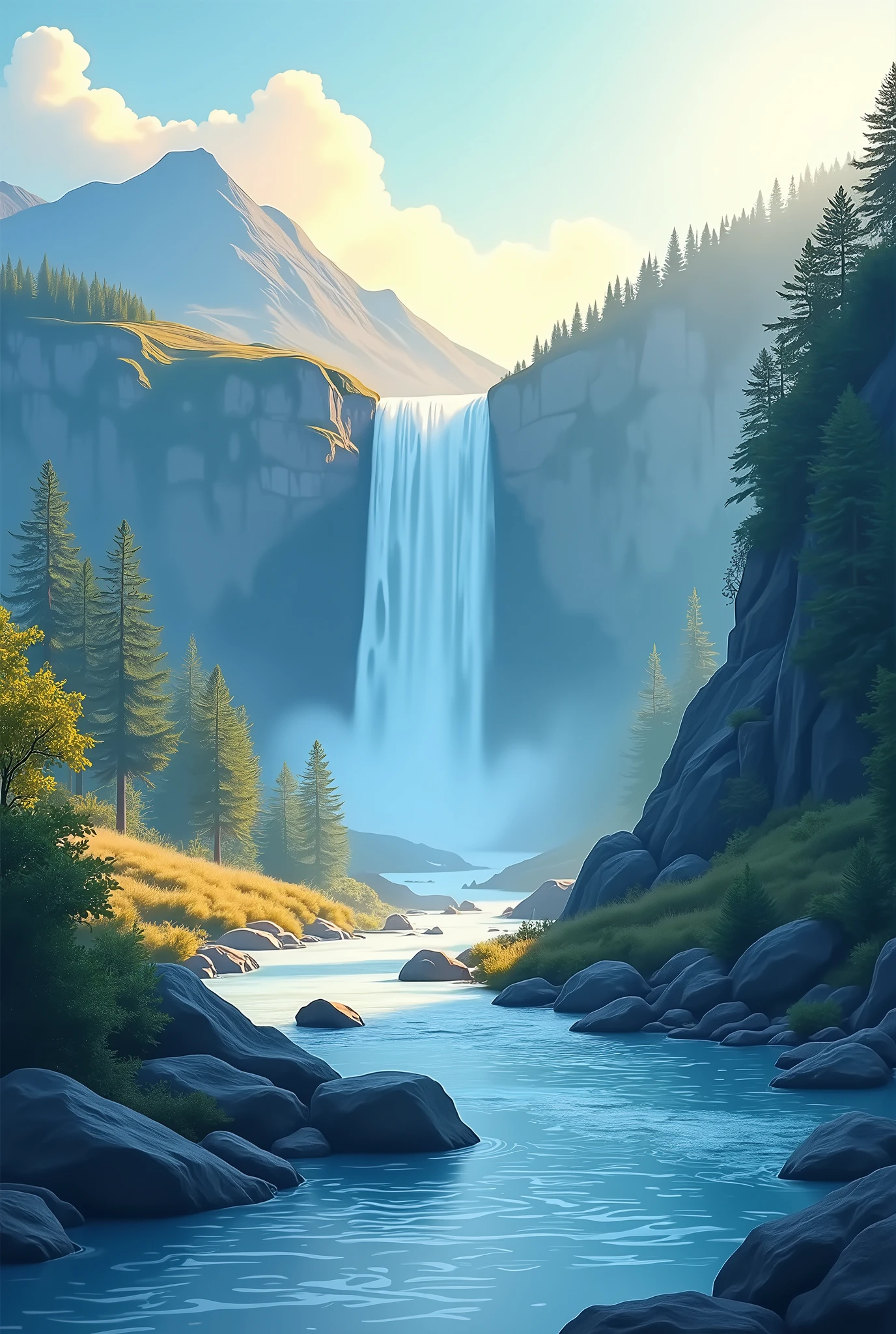 The river flowing from the outside of the left frame to the outside of the right frame. The morning sun is shining. The waterfall is on the blue mountain. Vector photo. A lower camera shot.