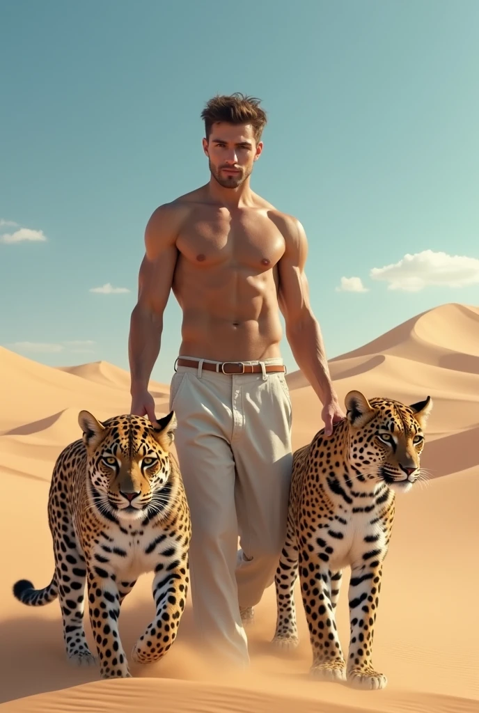 A handsome beautiful slim white skin shirtless man in the desert with two leopards