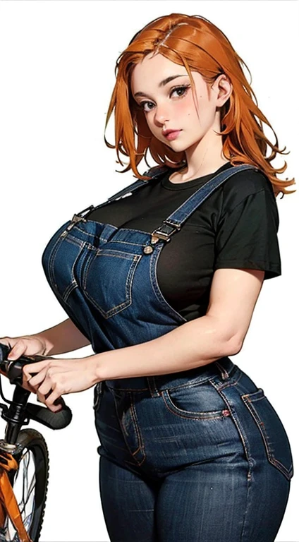 Expressing breast milk with a breast pump. At the bicycle workshop、茶色の長い髪のwomanが、He is repairing his bike wearing denim overalls, a top and a shirt.。masterpiece, Highest quality, colorful, woman, (High school girl), (Expressionless face), Orange Hair, High contrast shiny oily skin, Huge long breasts, Curvy, Chubby, software ,